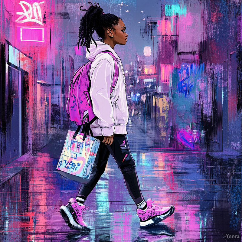 A young woman walks down a city street at night, carrying a pink backpack and wearing a white hoodie.