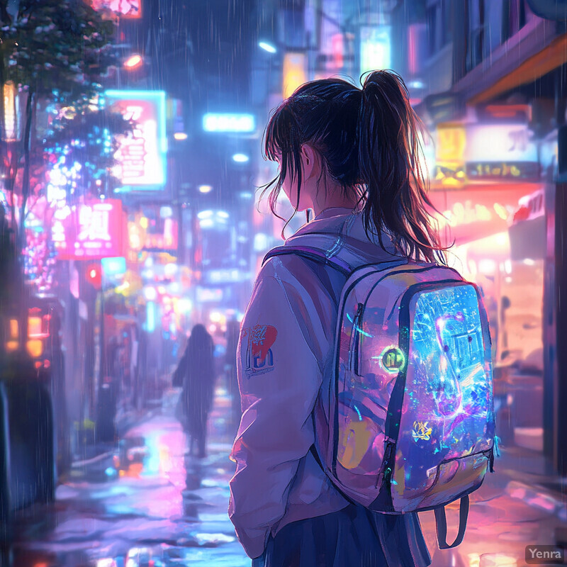 A young woman stands alone on a city street at night, wearing a light-colored jacket and carrying a colorful backpack.