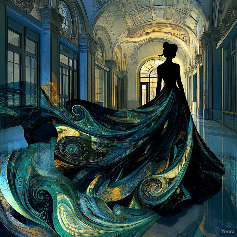 A woman in a long dress standing in an ornate hallway