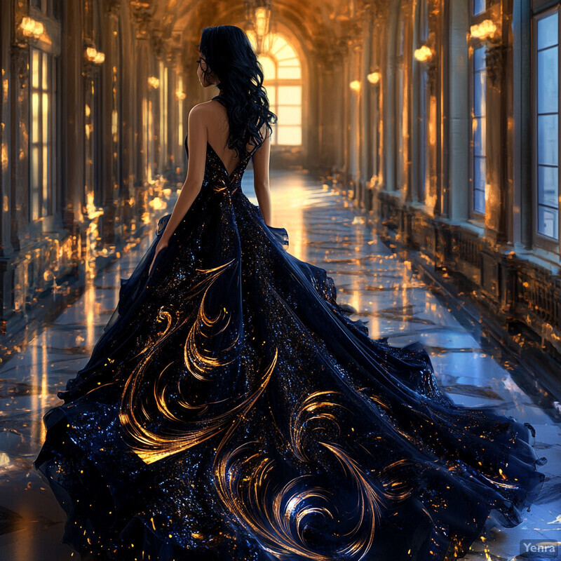 A woman in a black ball gown stands confidently in a grand hallway