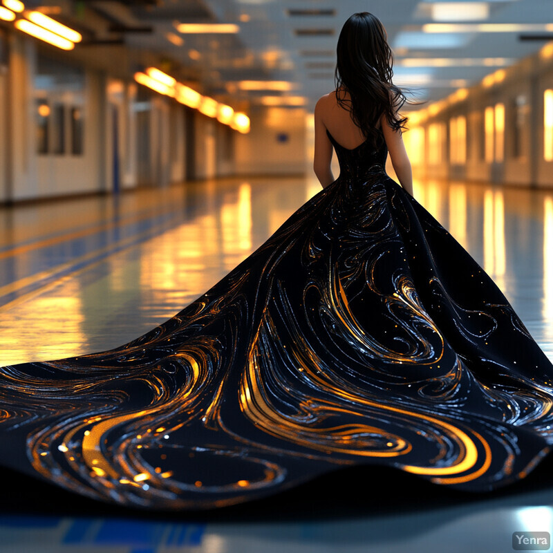 A woman walks away from the camera in a long hallway with fluorescent lights and blue lines on the floor, wearing a black dress with gold swirls.