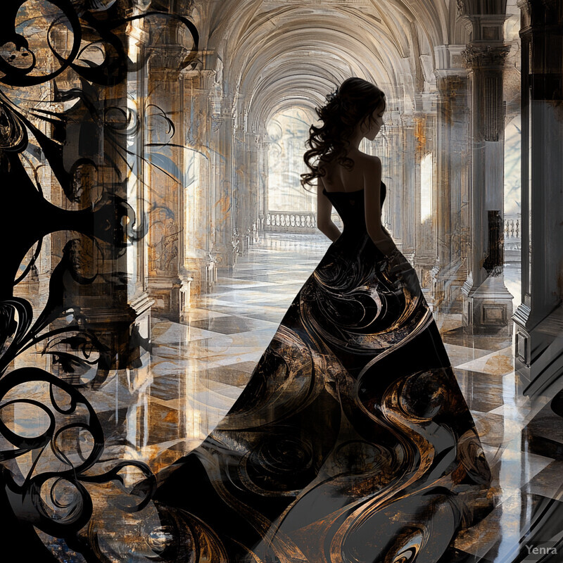 A woman in a flowing black dress stands confidently in an ornate hallway