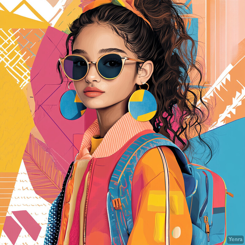 A young woman in sunglasses and a colorful outfit stands against a multicolored geometric background