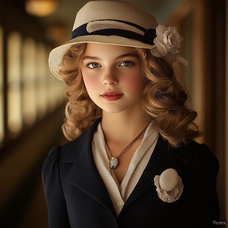 A young girl with curly blonde hair and blue eyes, wearing a cream-colored hat and dark blue jacket, exuding confidence and poise.