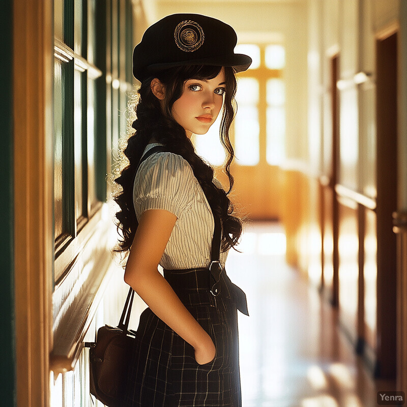 A young girl in vintage attire stands in a hallway or corridor, with a confident and poised demeanor.