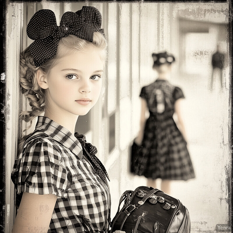 Vintage-style photograph of a young girl in a plaid dress