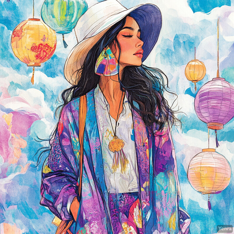 Whimsical illustration of a woman surrounded by floating paper lanterns in a vibrant sky