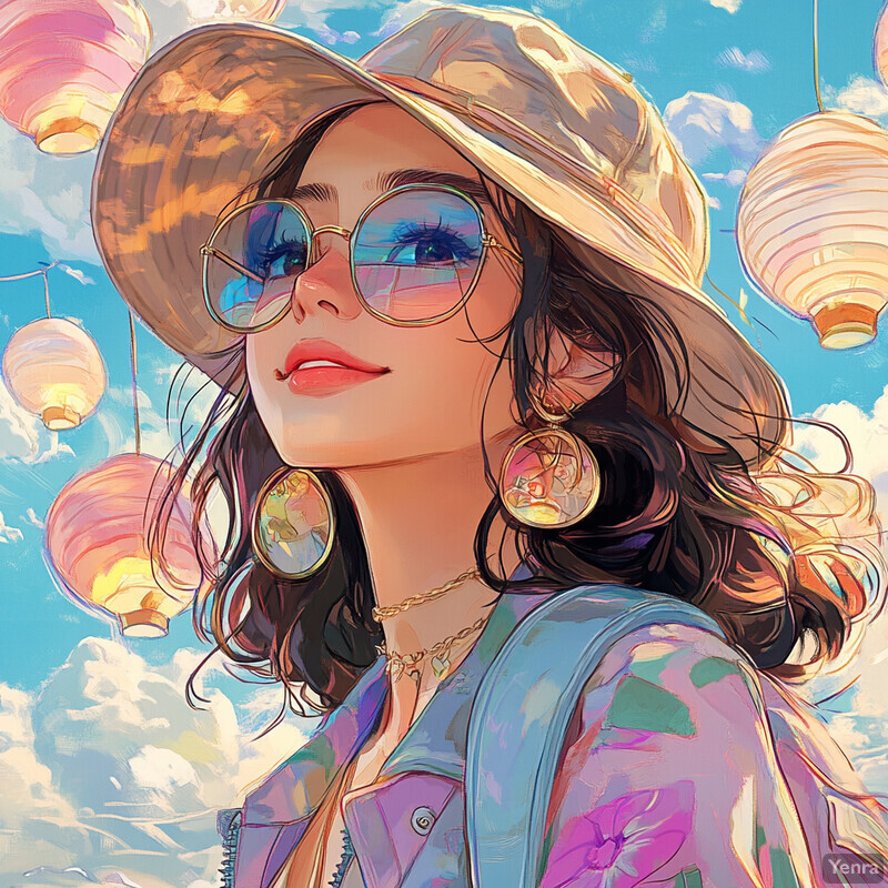 A whimsical anime-inspired illustration of a woman in a wide-brimmed hat, surrounded by soft pastel colors and loose brushstrokes.