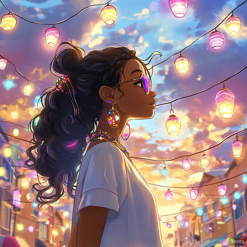 A whimsical scene of a woman strolling through a vibrant street adorned with string lights and lanterns