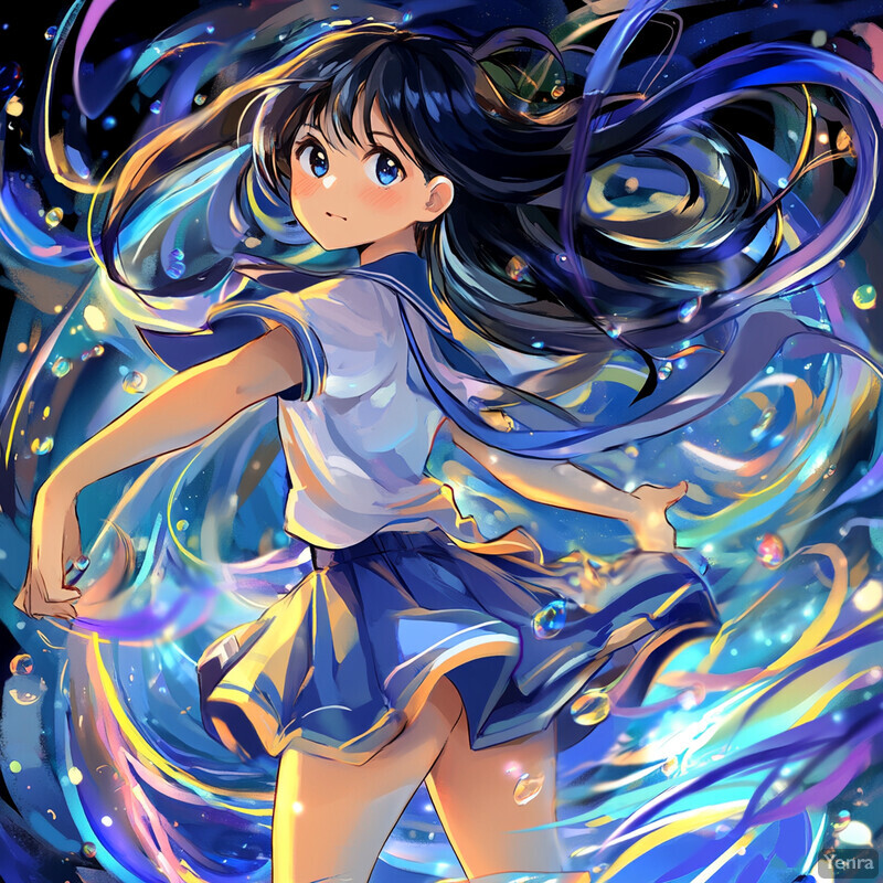 Anime-style illustration of a young girl with long black hair and blue eyes