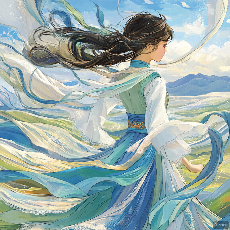 A young woman in a flowing white dress with blue accents stands amidst undulating waves, evoking a sense of serenity and tranquility.