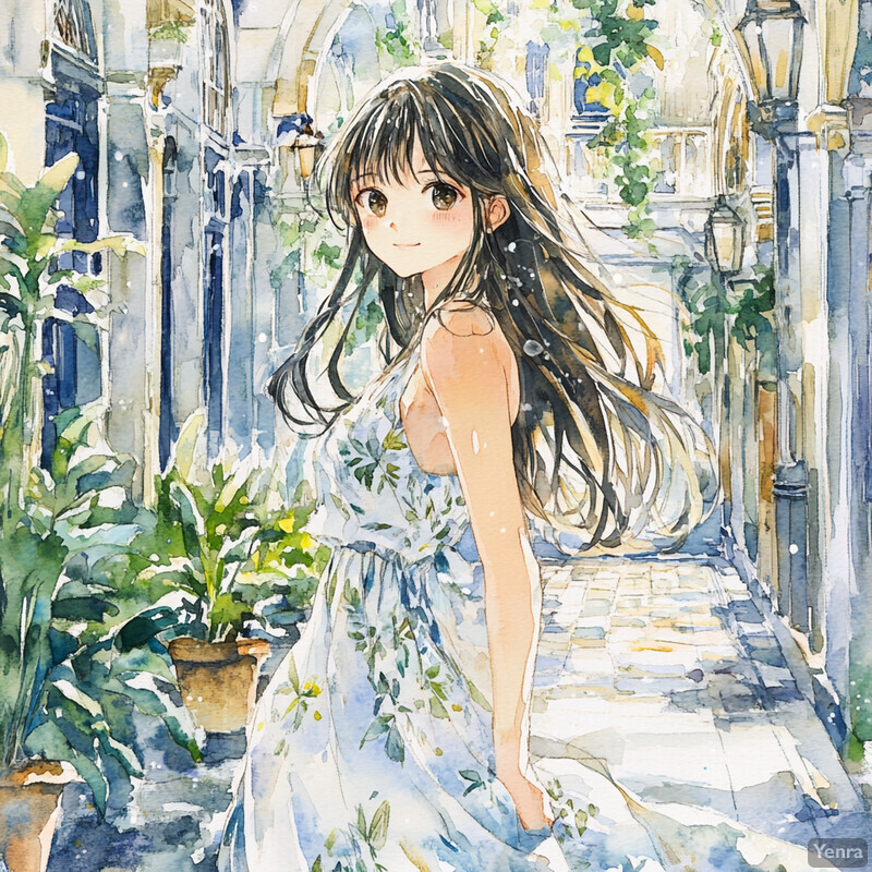 Anime-style illustration of a young woman in a blue dress standing in front of a white building