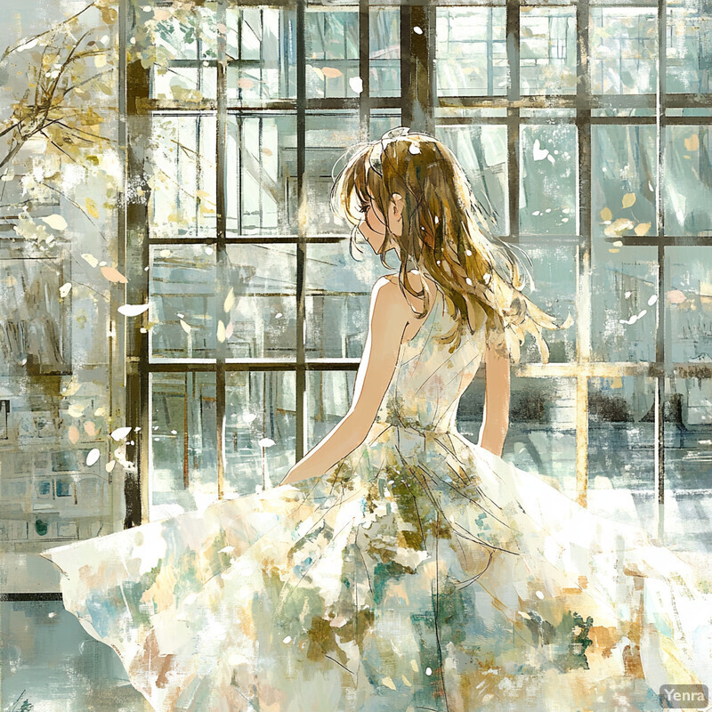 A young girl with long brown hair stands in front of a large window, wearing a white dress and lost in thought.