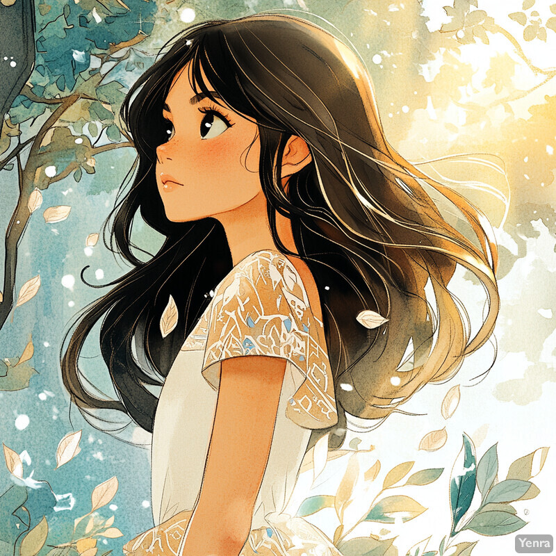 A young girl with long dark hair looks to her left in this manga-style illustration