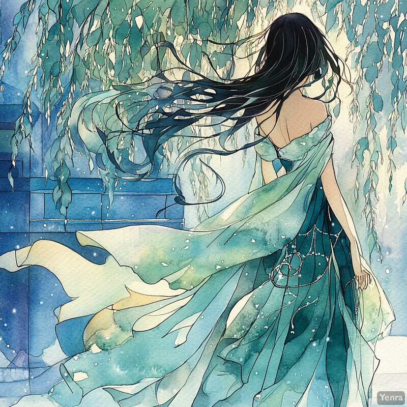 A serene and enchanting scene featuring a woman with long black hair, dressed in a flowing teal dress adorned with intricate silver embroidery.