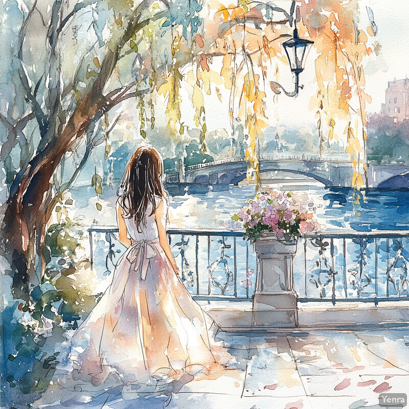 A woman stands on a balcony overlooking a tranquil body of water, lost in thought or contemplation.