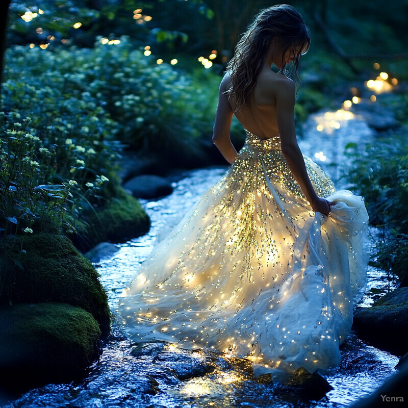 A woman stands in a forest setting, gazing down at a flower or branch on the ground, wearing a white dress and exuding confidence and poise.