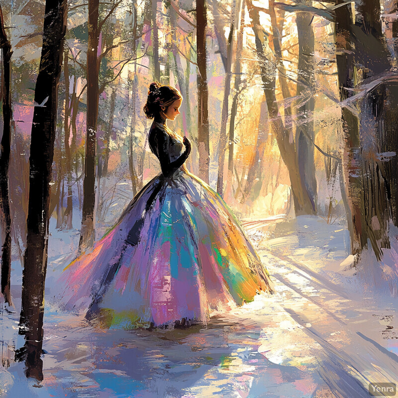 A woman in a rainbow-colored dress stands in a snowy forest, surrounded by tall trees and dappled sunlight.