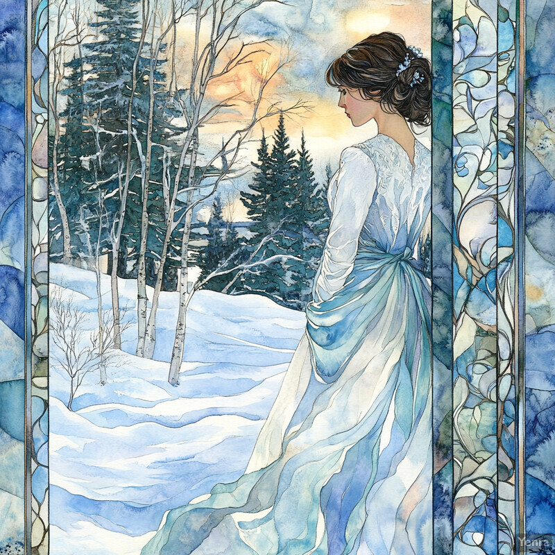 A woman stands in front of a snowy forest, gazing out at the sky in a serene winter wonderland.