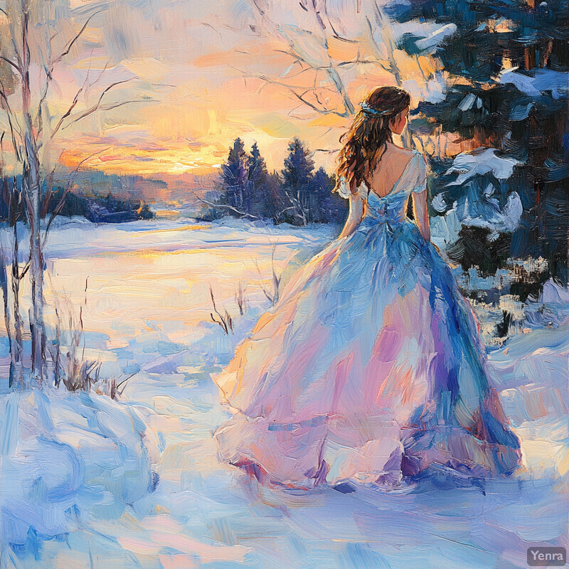 A woman stands in front of a snowy winter landscape, gazing towards the horizon.