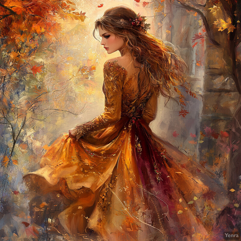 Autumnal scene with a woman in an orange dress amidst trees and leaves