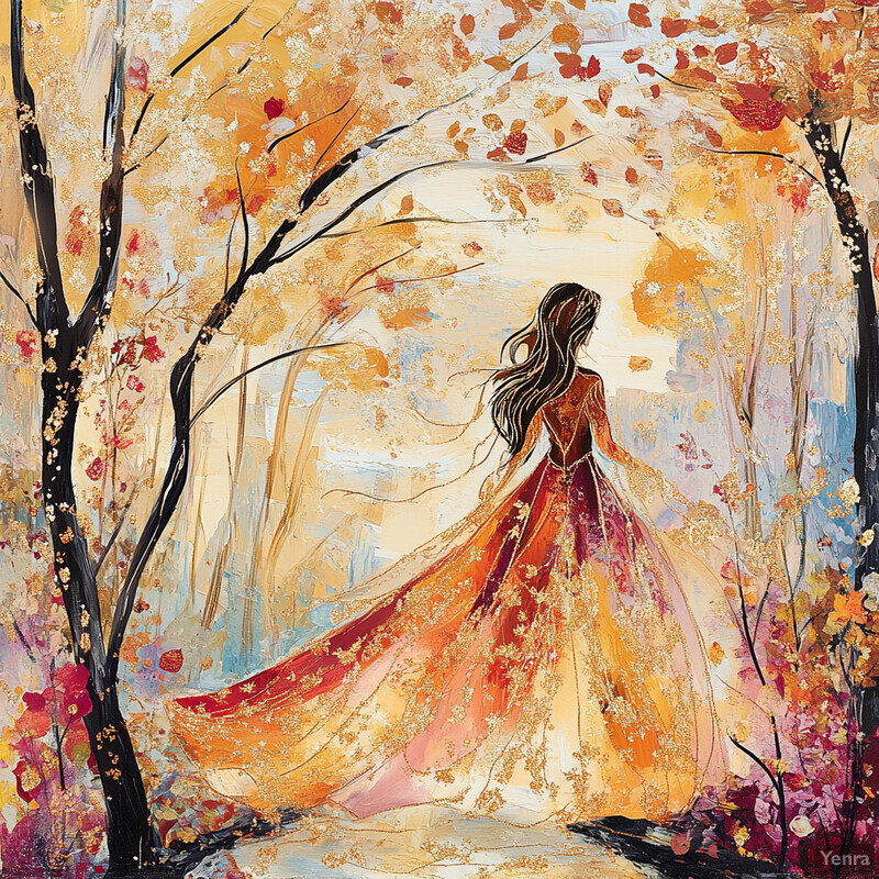 A woman in a red dress stands amidst autumnal foliage, surrounded by vibrant colors and a misty veil.