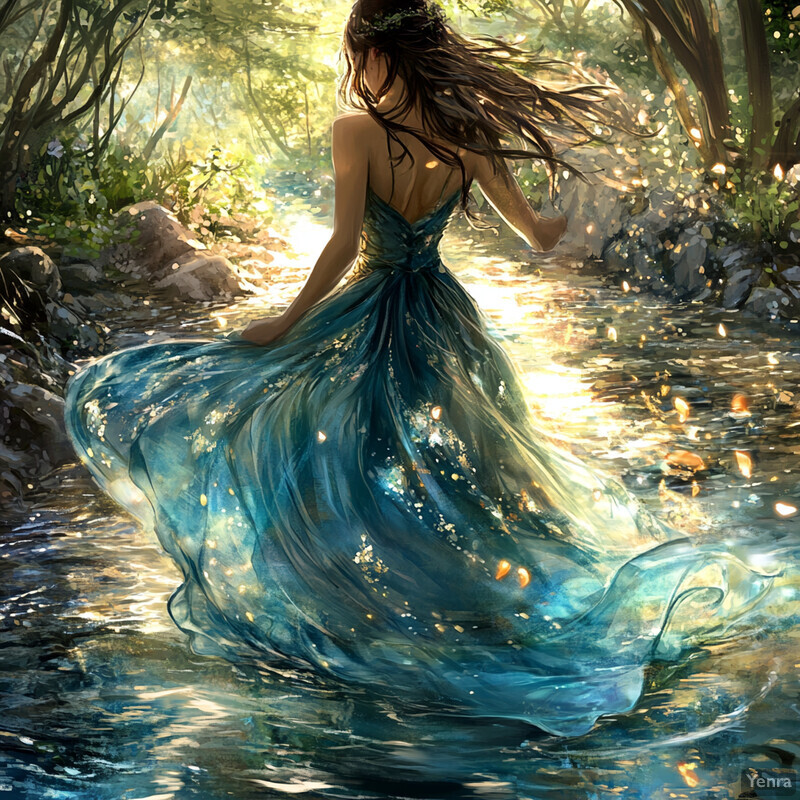 A woman in a blue dress stands by a body of water, surrounded by lush greenery and a waterfall in the distance.