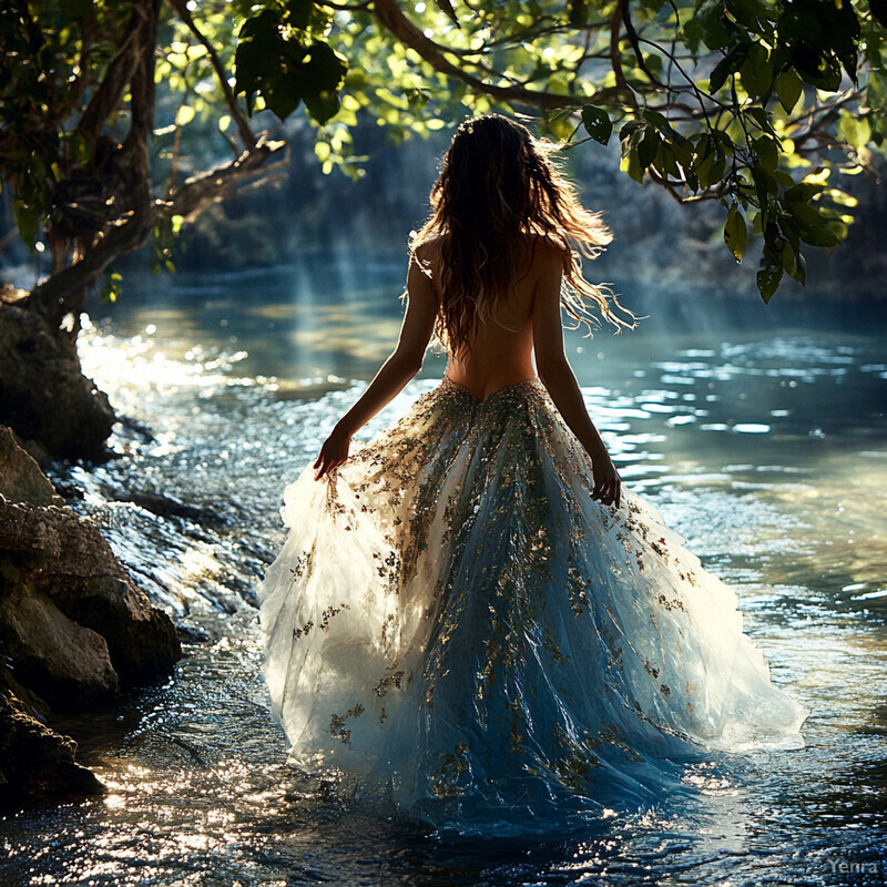 A woman stands in shallow water, wearing a white dress with gold floral patterns, set against a blurred natural background.