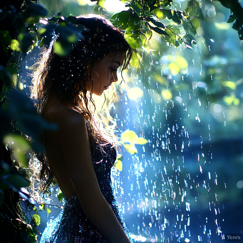 A woman stands in front of a waterfall, surrounded by lush greenery and vibrant flowers