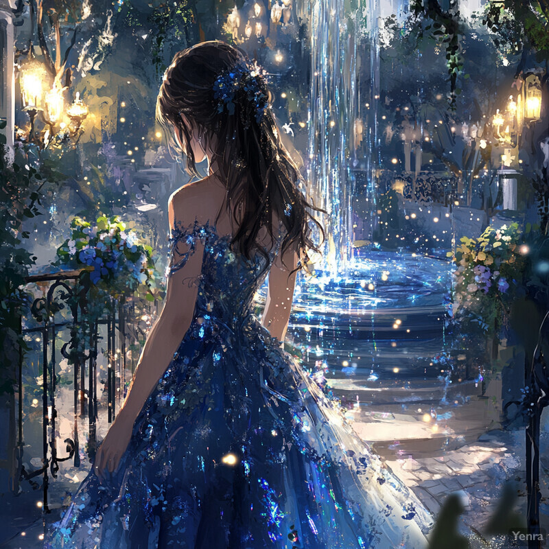 A woman in a blue dress stands on a bridge or walkway surrounded by greenery and flowers.