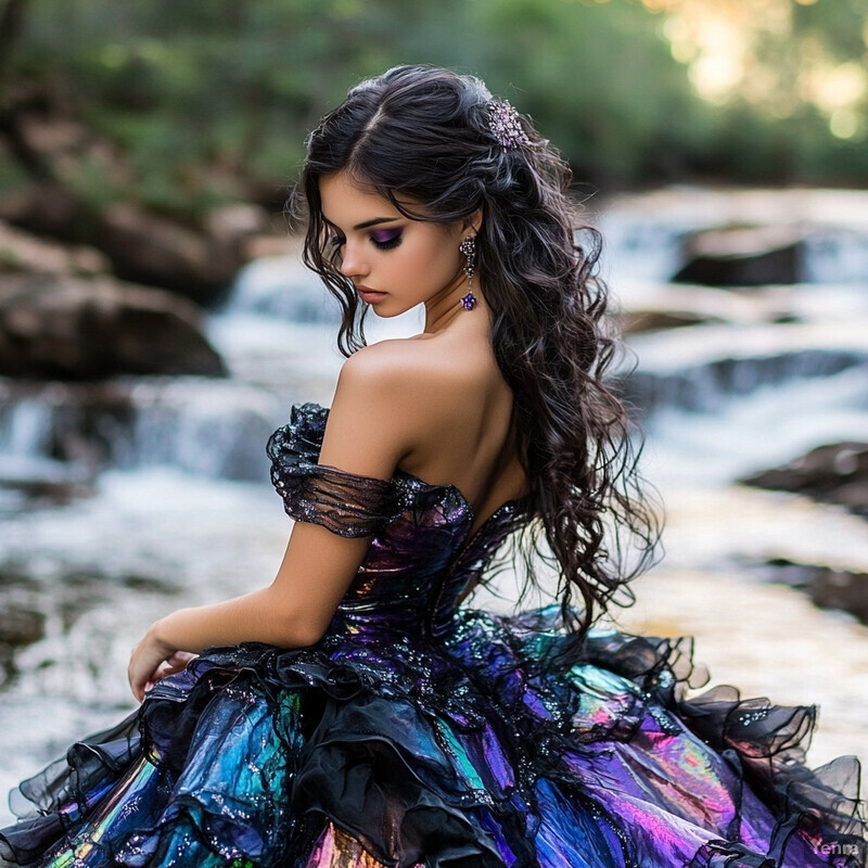 A woman sits by a waterfall, wearing a purple and blue gown, surrounded by lush greenery.