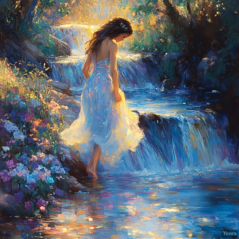 A woman stands in front of a waterfall, surrounded by lush greenery and vibrant flowers.