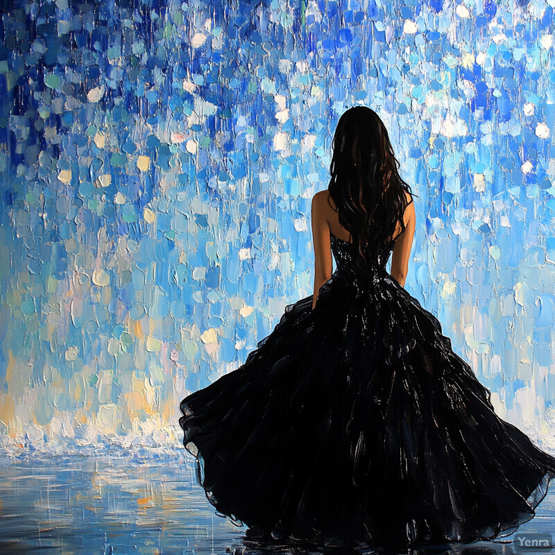 A woman in a long dress stands with her back to the viewer, looking out over a body of water.