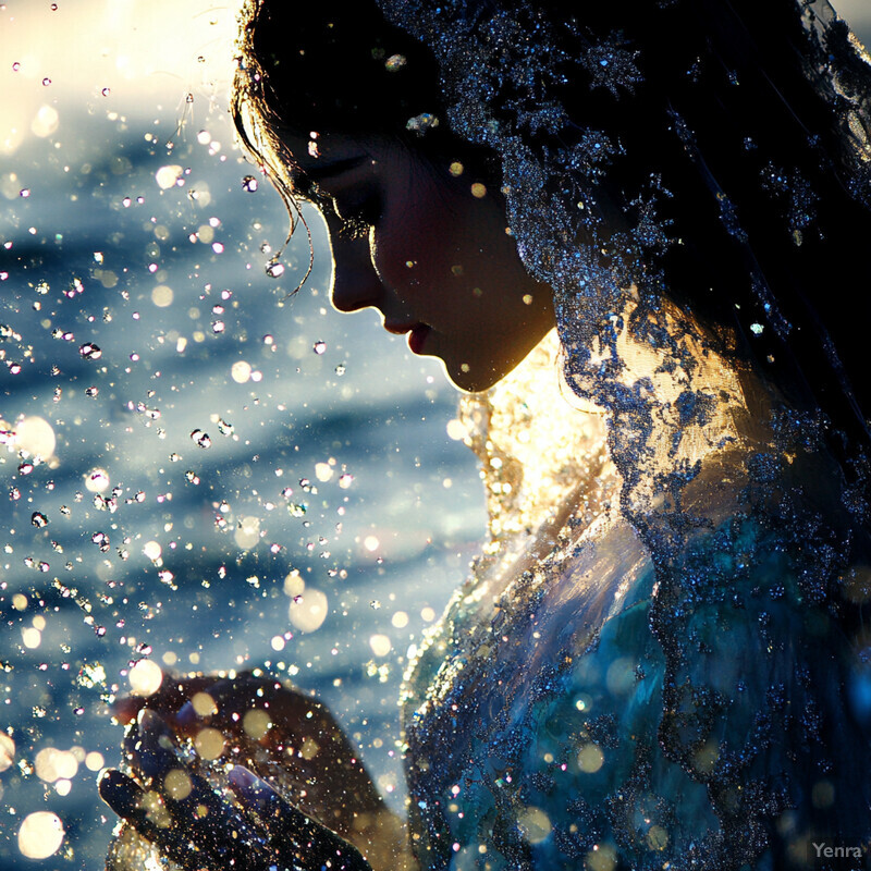 A woman stands by the water, holding a small object and gazing down at it with a serene expression.