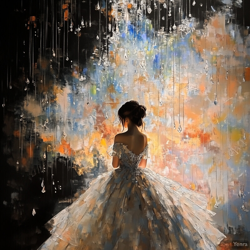 An oil painting of a woman in a white ball gown standing under strings of pearls