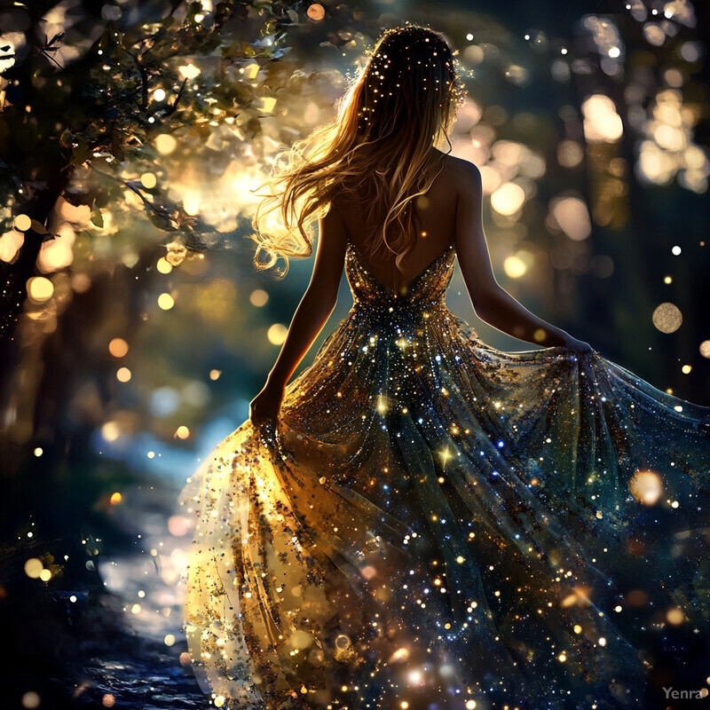 Woman in sparkly dress standing in front of trees