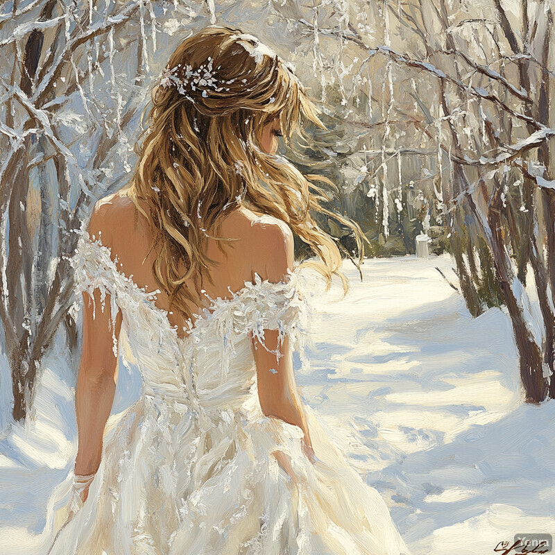 A woman in a white wedding dress stands amidst snow-covered trees and bushes, exuding serenity and elegance.