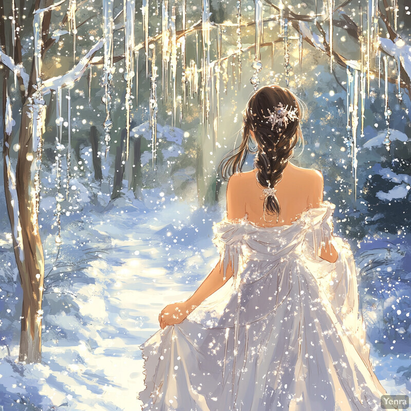 A woman stands in a snowy forest, her white dress complemented by a matching shawl and a delicate silver flower in her hair.