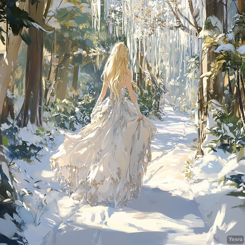 A woman walks down a snowy path in a forest, wearing a white wedding dress and carrying her dress behind her.