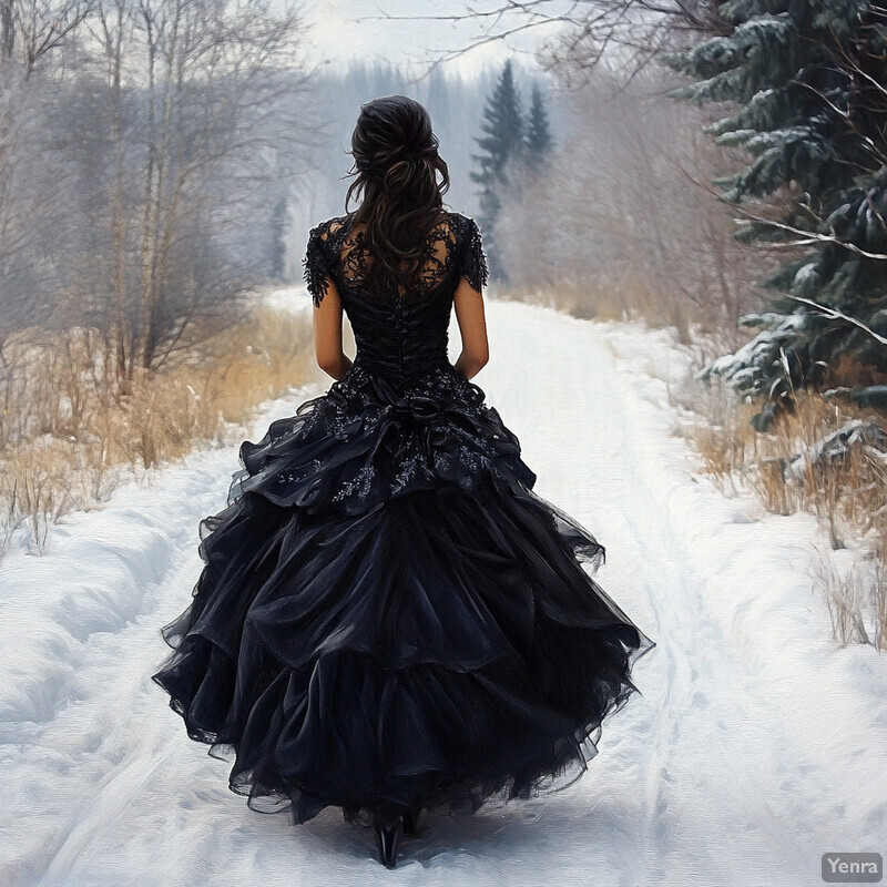 A woman walks down a snow-covered path in a winter wonderland setting.