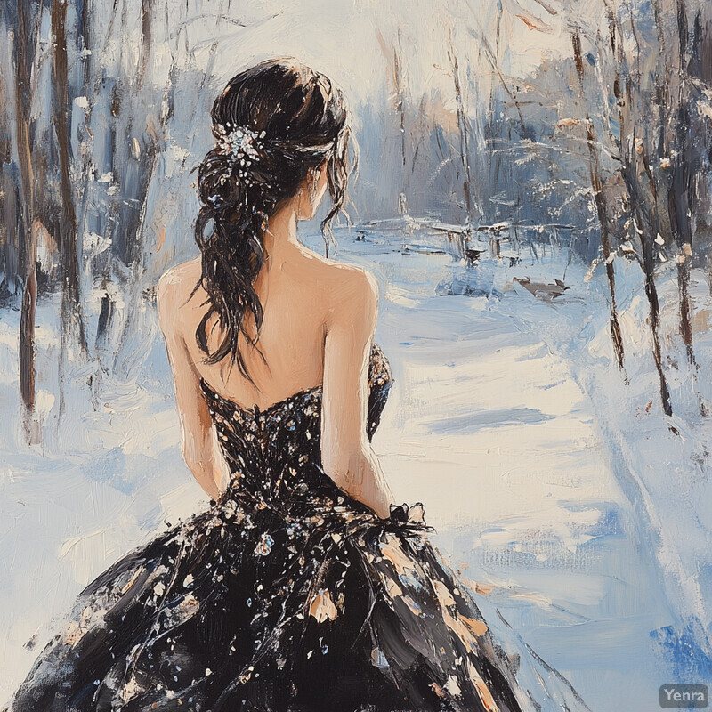 A woman in a black dress stands in a snowy forest, gazing into the distance.