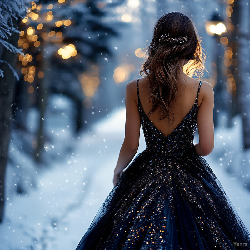 A woman stands in a snowy forest, wearing a dark blue dress with a sparkly top and a full skirt.