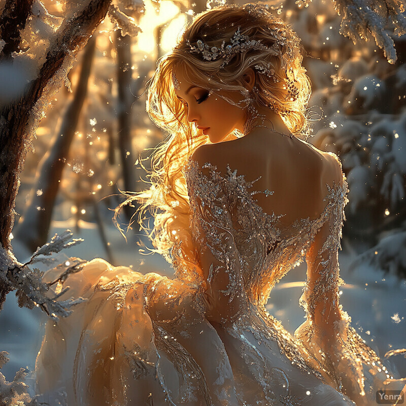 A serene winter scene with a woman dressed in a long gown, surrounded by snow-covered trees.