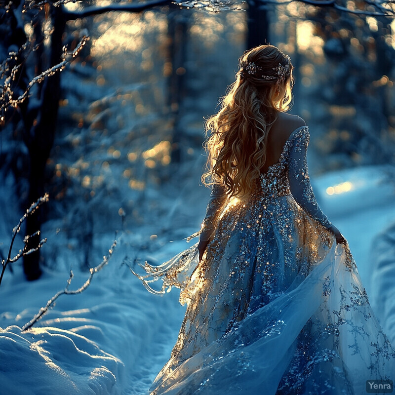 A woman stands in a snowy forest setting, wearing a flowing blue dress with silver embroidery and a sparkling headpiece.