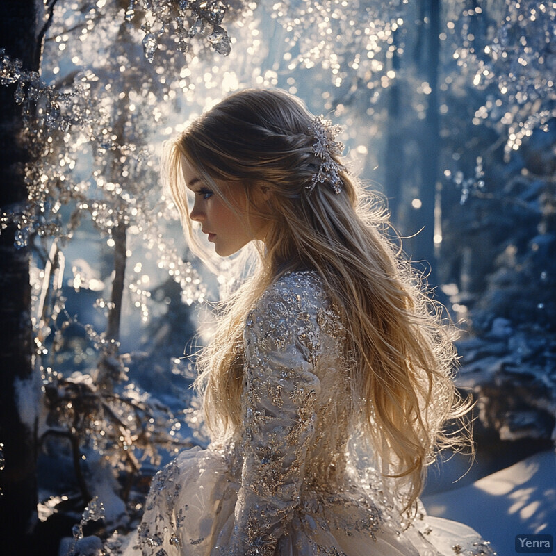 A woman stands in front of a crystal-covered forest, surrounded by sparkling crystals and birds flying overhead.