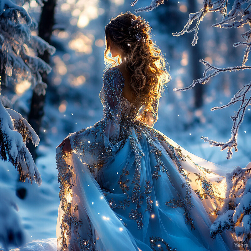 A serene forest scene featuring a woman in an ethereal blue gown with gold embroidery.