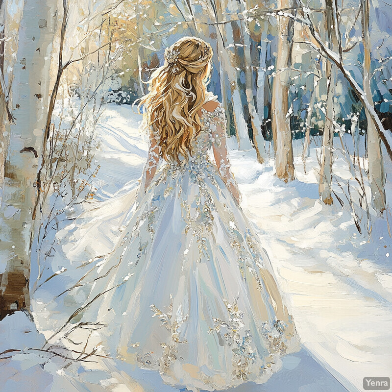 A serene winter scene with a woman in a white gown standing confidently in a frosty forest landscape.