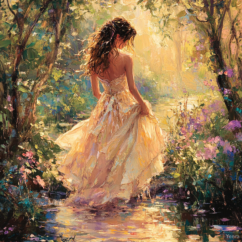 A serene and idyllic scene featuring a woman in a flowing white dress standing amidst lush greenery and vibrant flowers.