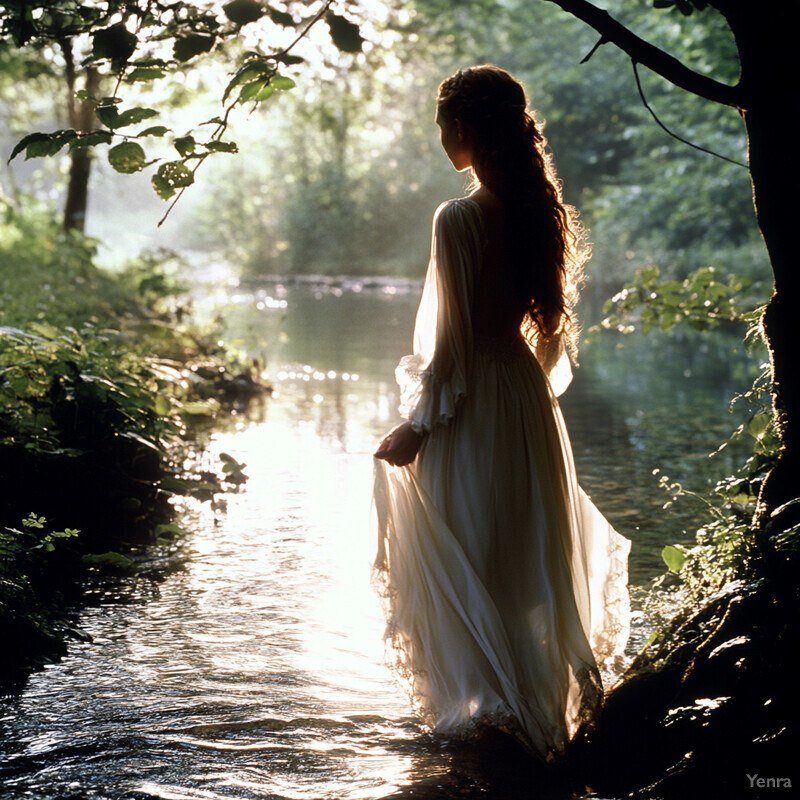 A serene forest scene featuring a woman standing by a body of water, surrounded by lush greenery and tall trees.