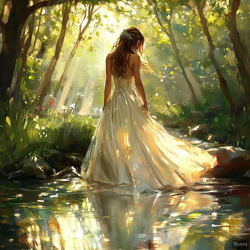 A serene and idyllic painting of a woman in a flowing white dress standing by a body of water, surrounded by lush greenery and vibrant flowers.